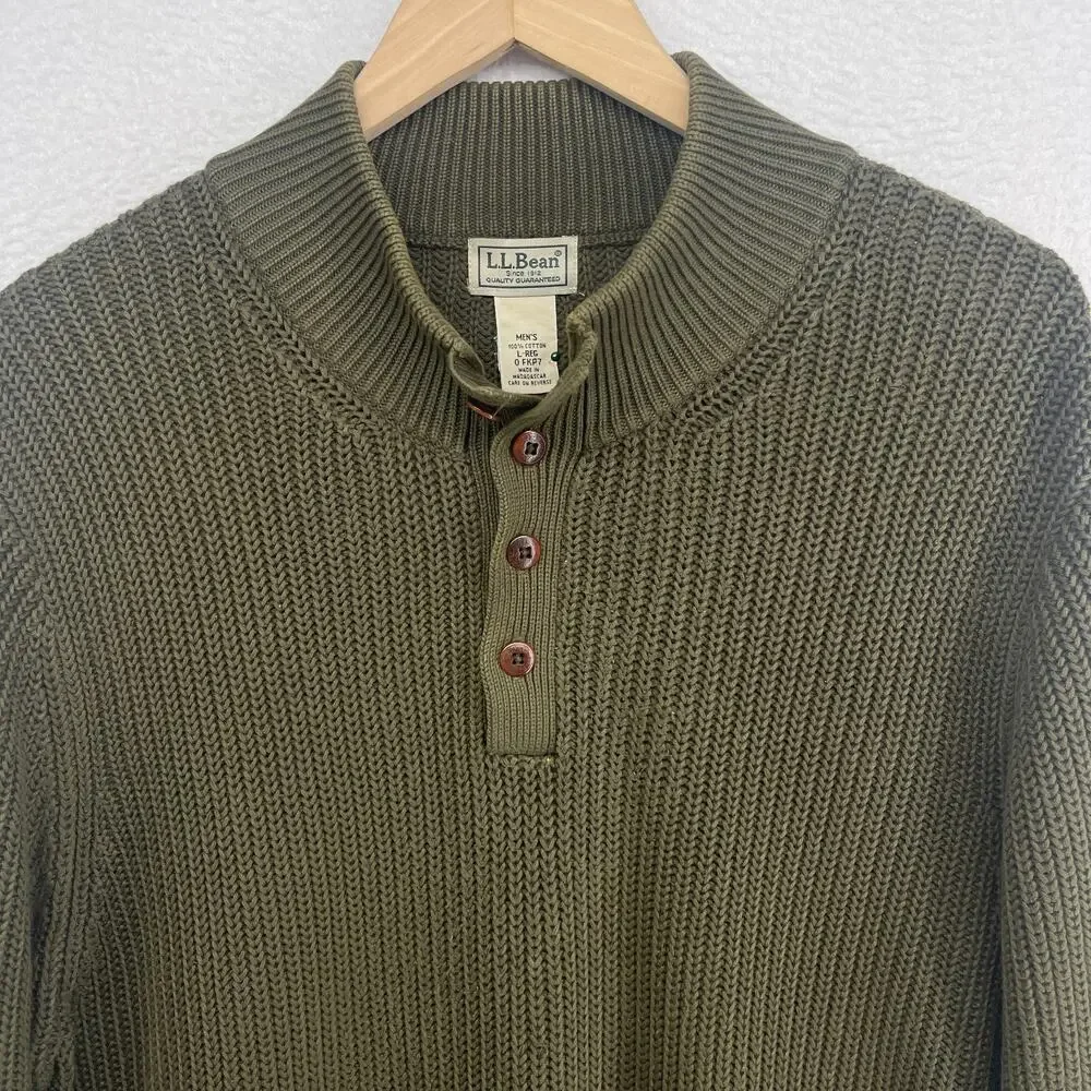 LL BEAN Sweater Mens L Henley Half Button Ribbed Pullover Heavy Cotton Green